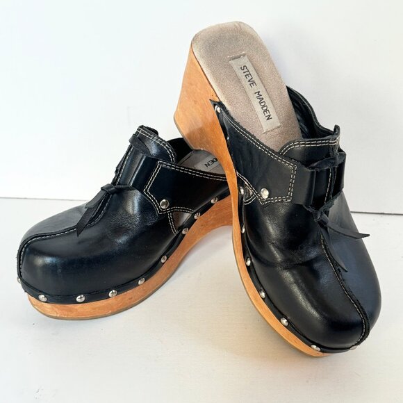Vintage Steve Madden Black Leather Platform Clogs. Size 8. - Picture 5 of 15